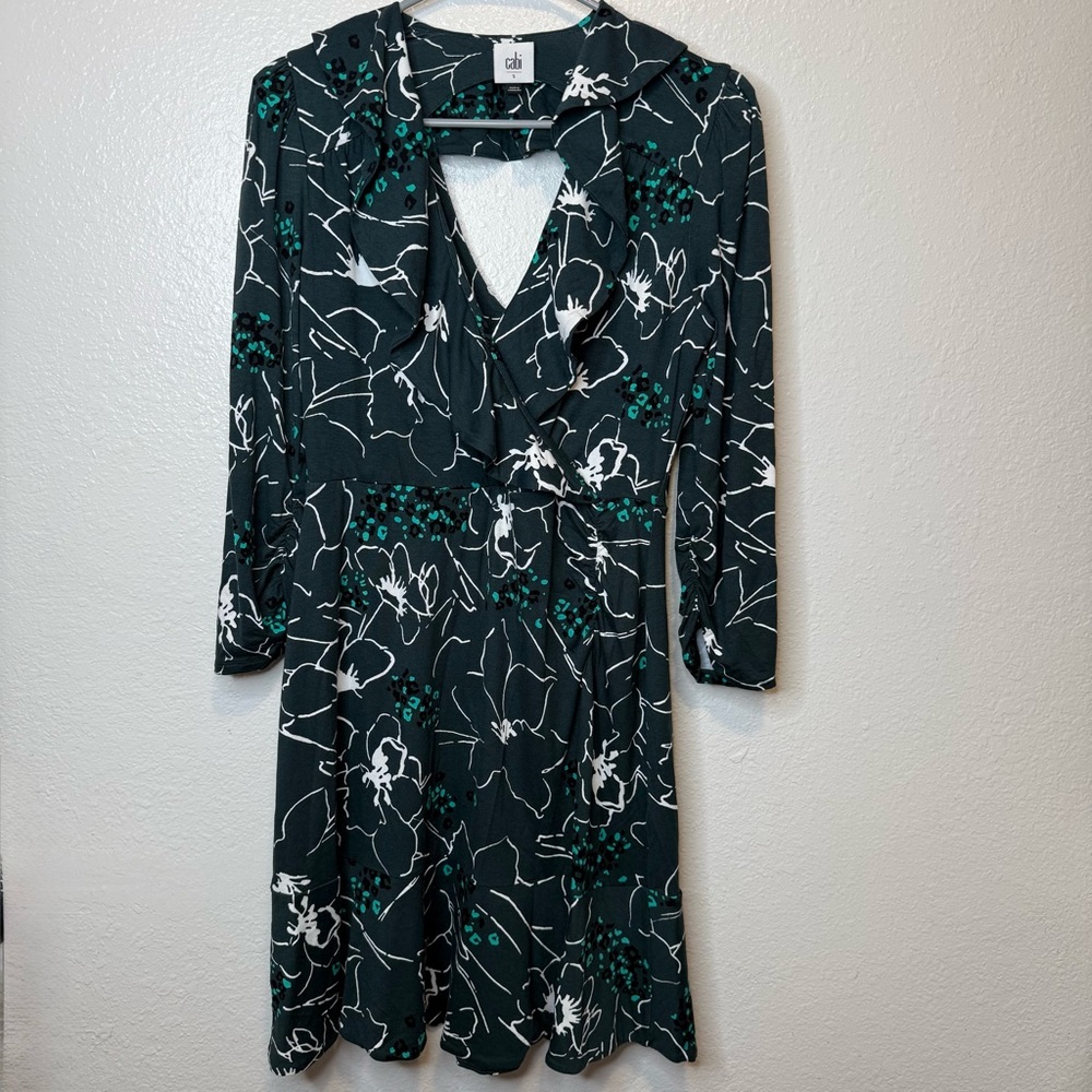 Cabi Green Ruffle Up Cut Out Key Hole Floral Dress Style 4453 Size Small